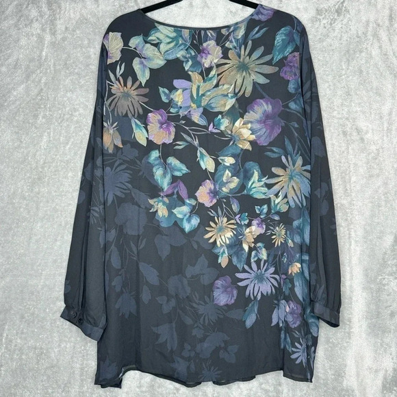 Linea 2X Shirt Top Blue Floral Long Sleeve Round Neck Sheet Casual Womens - Picture 4 of 6